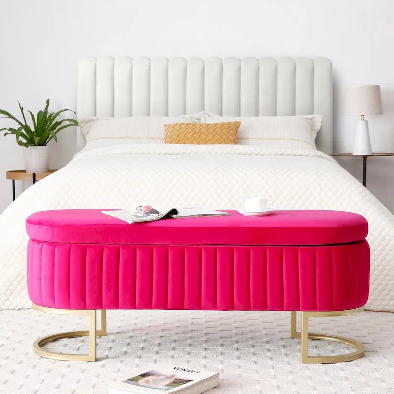 Oval Upholstered Storage Bench with Lift Top and Gold Metal Legs