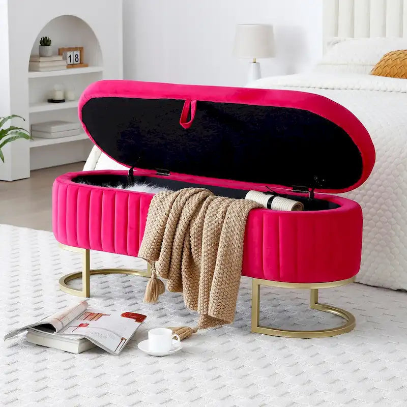 Oval Upholstered Storage Bench with Lift Top and Gold Metal Legs