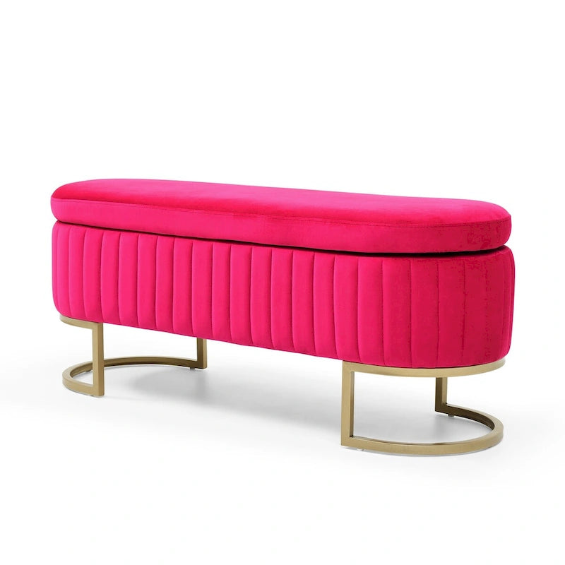 Oval Upholstered Storage Bench with Lift Top and Gold Metal Legs