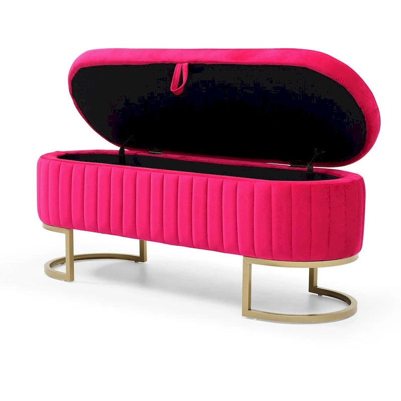 Oval Upholstered Storage Bench with Lift Top and Gold Metal Legs