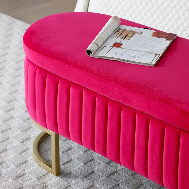 Oval Upholstered Storage Bench with Lift Top and Gold Metal Legs