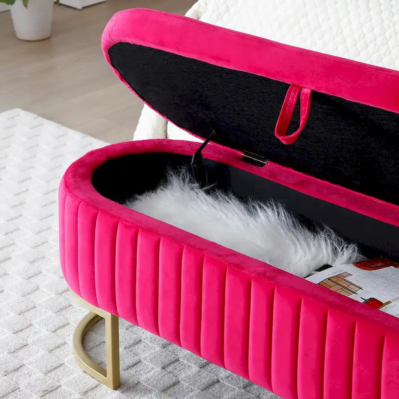 Oval Upholstered Storage Bench with Lift Top and Gold Metal Legs