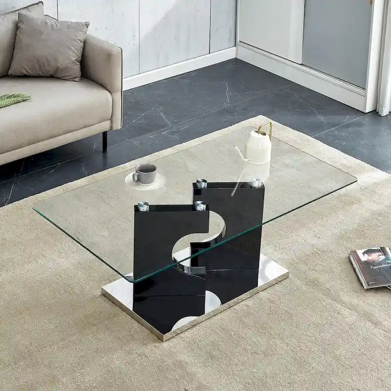 Mesa de centro rectangular de vidrio templado con patas de MDF negro