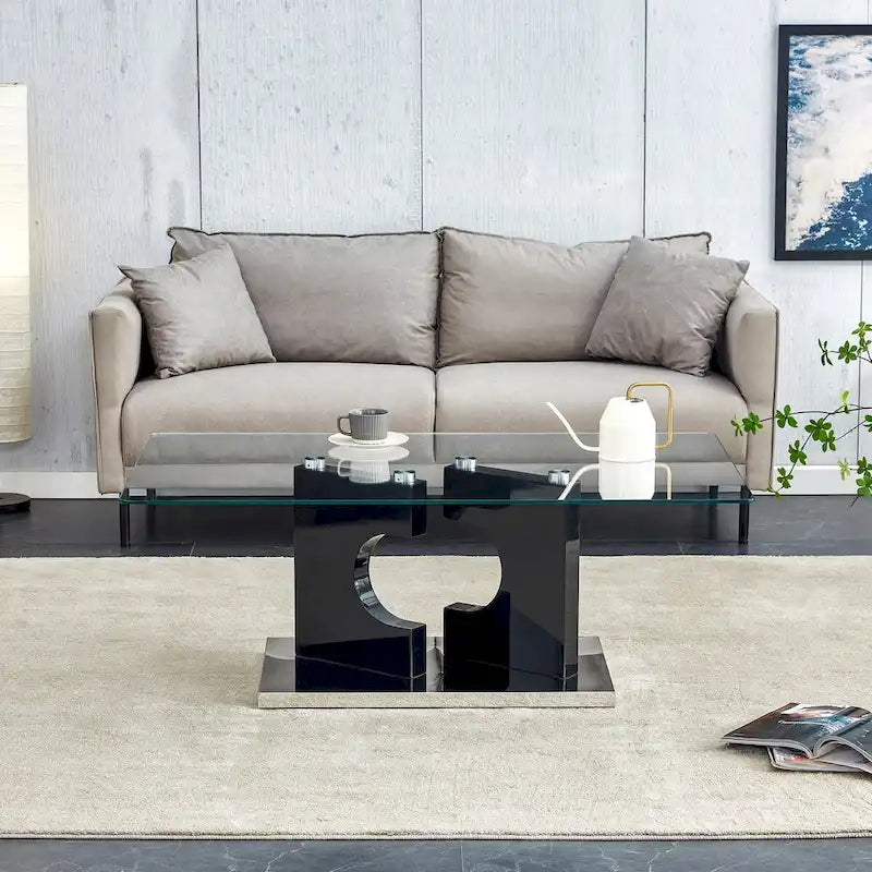 Mesa de centro rectangular de vidrio templado con patas de MDF negro