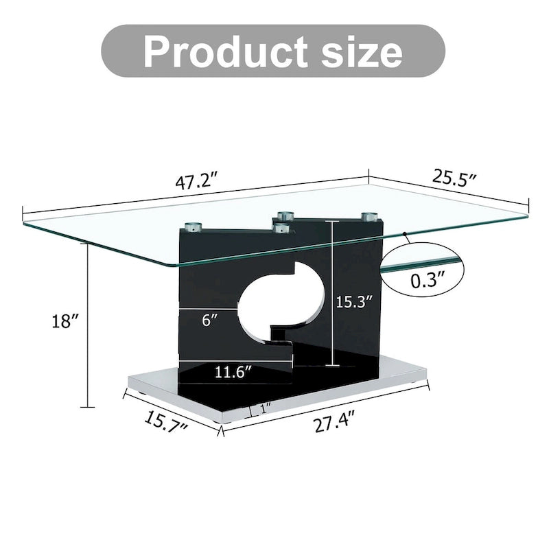Mesa de centro rectangular de vidrio templado con patas de MDF negro