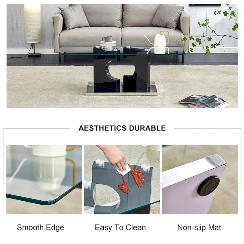 Mesa de centro rectangular de vidrio templado con patas de MDF negro