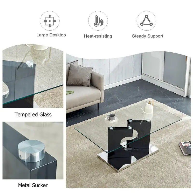 Mesa de centro rectangular de vidrio templado con patas de MDF negro