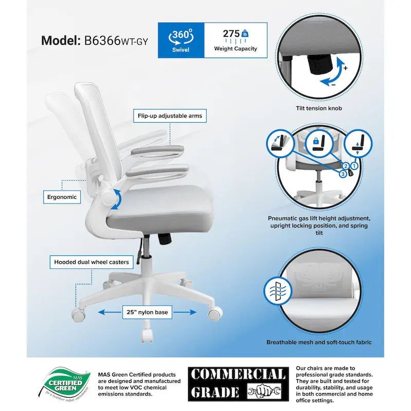 Gray Mesh Task Chair with Flip-Up Arms and Adjustable Height
