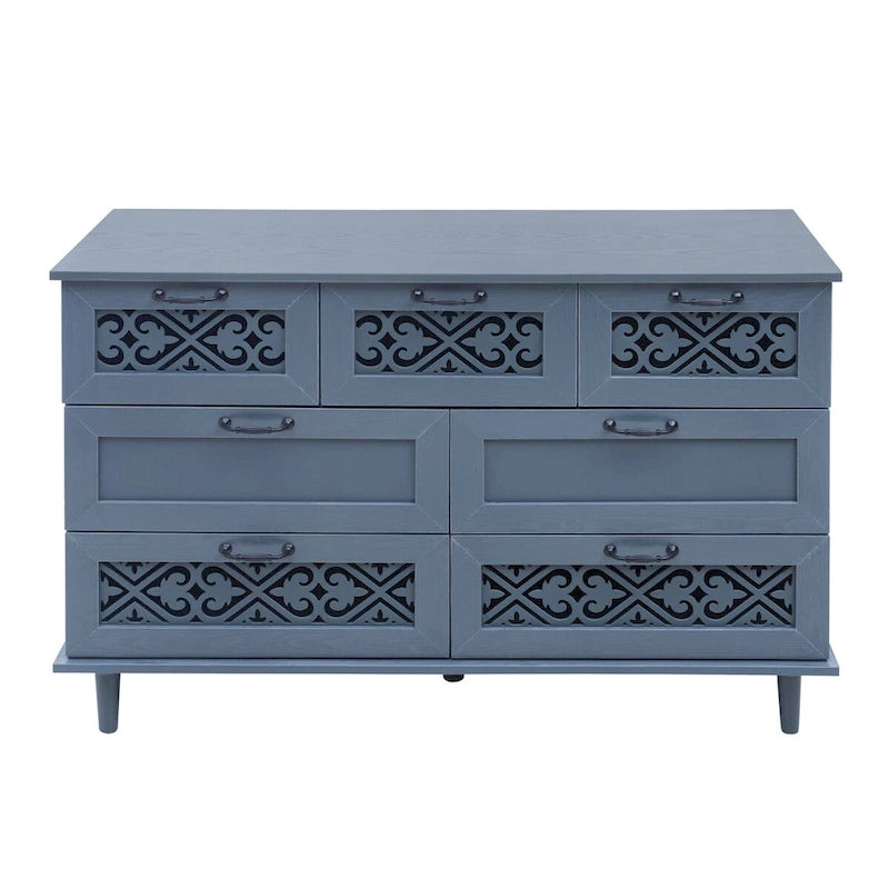 Seven-Drawer Cabinet with Carved Fronts and Black Metal Handles