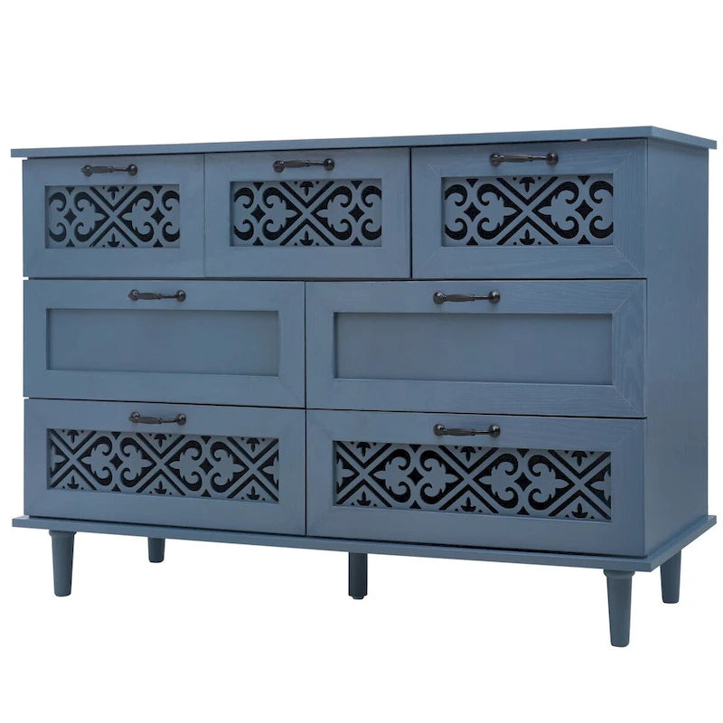 Seven-Drawer Cabinet with Carved Fronts and Black Metal Handles