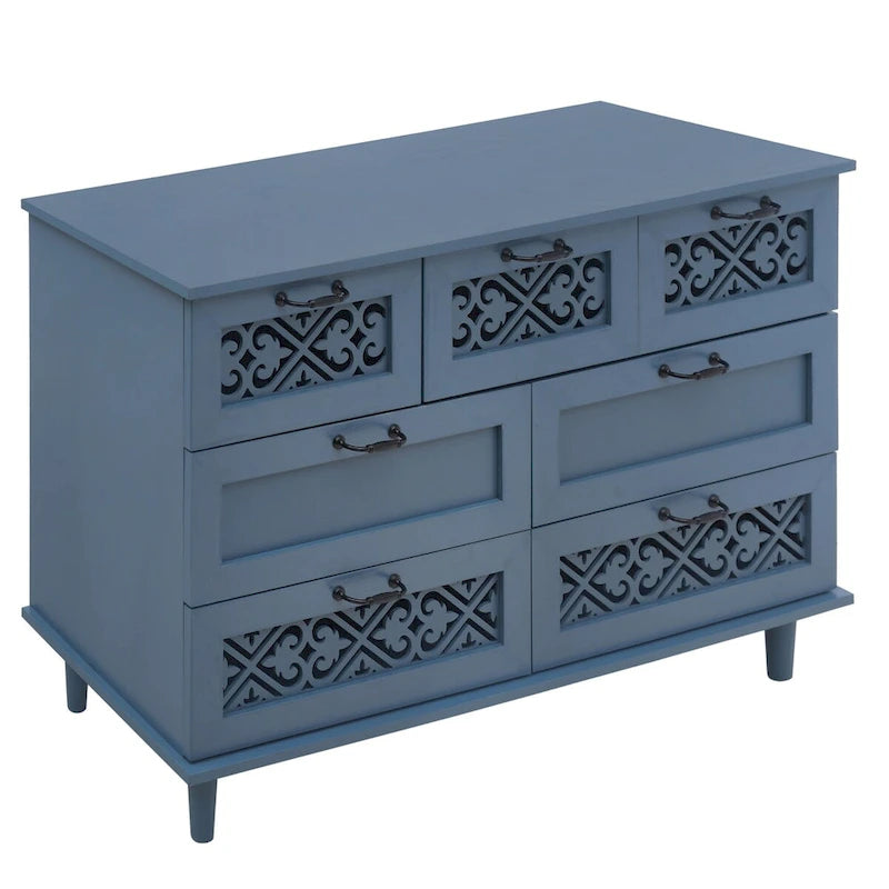 Seven-Drawer Cabinet with Carved Fronts and Black Metal Handles