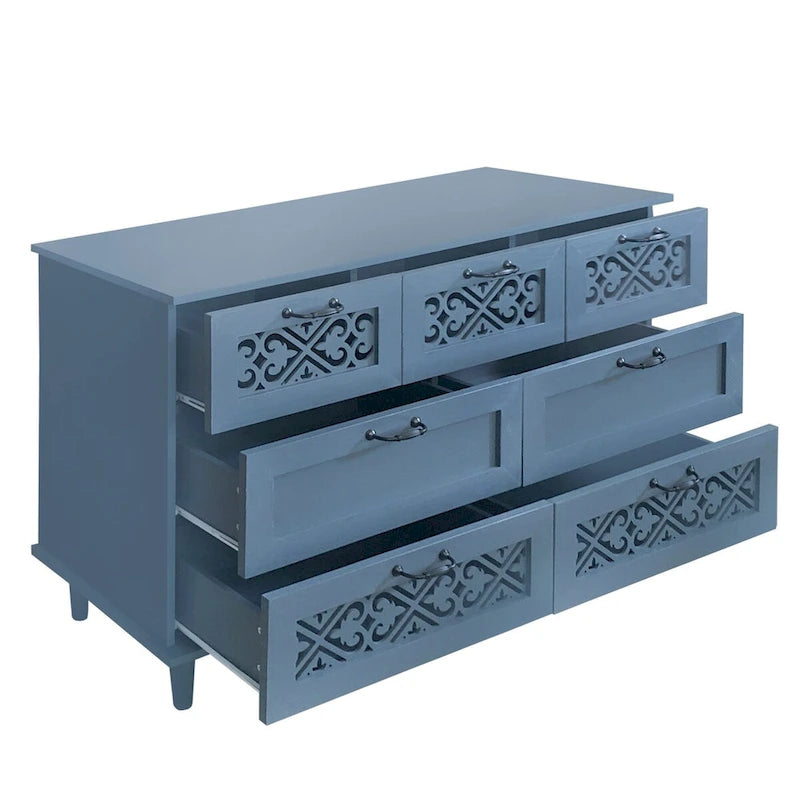 Seven-Drawer Cabinet with Carved Fronts and Black Metal Handles