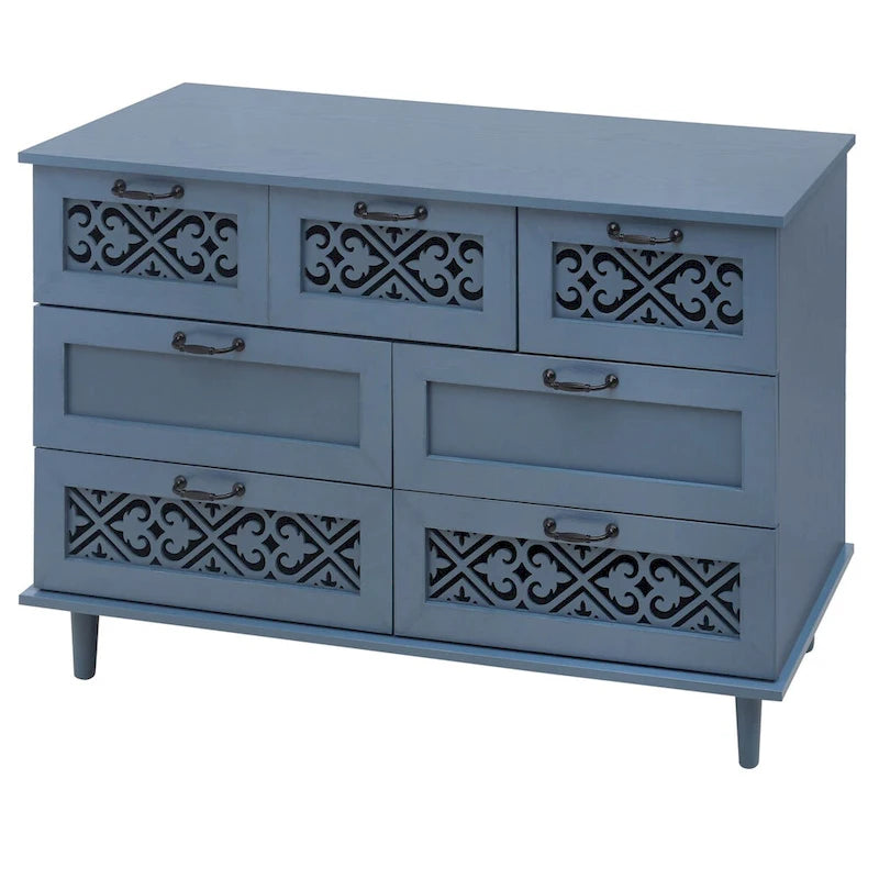 Seven-Drawer Cabinet with Carved Fronts and Black Metal Handles