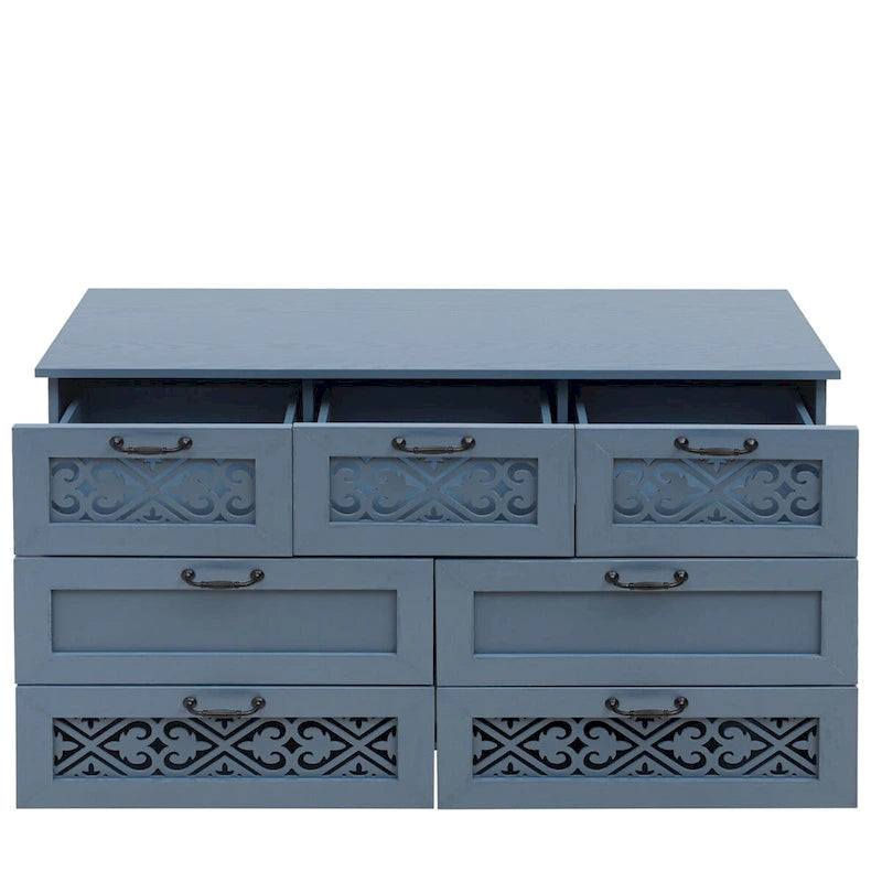 Seven-Drawer Cabinet with Carved Fronts and Black Metal Handles