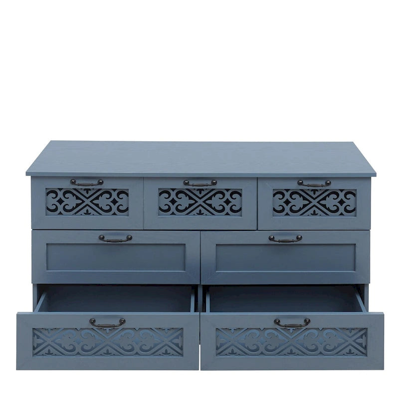 Seven-Drawer Cabinet with Carved Fronts and Black Metal Handles