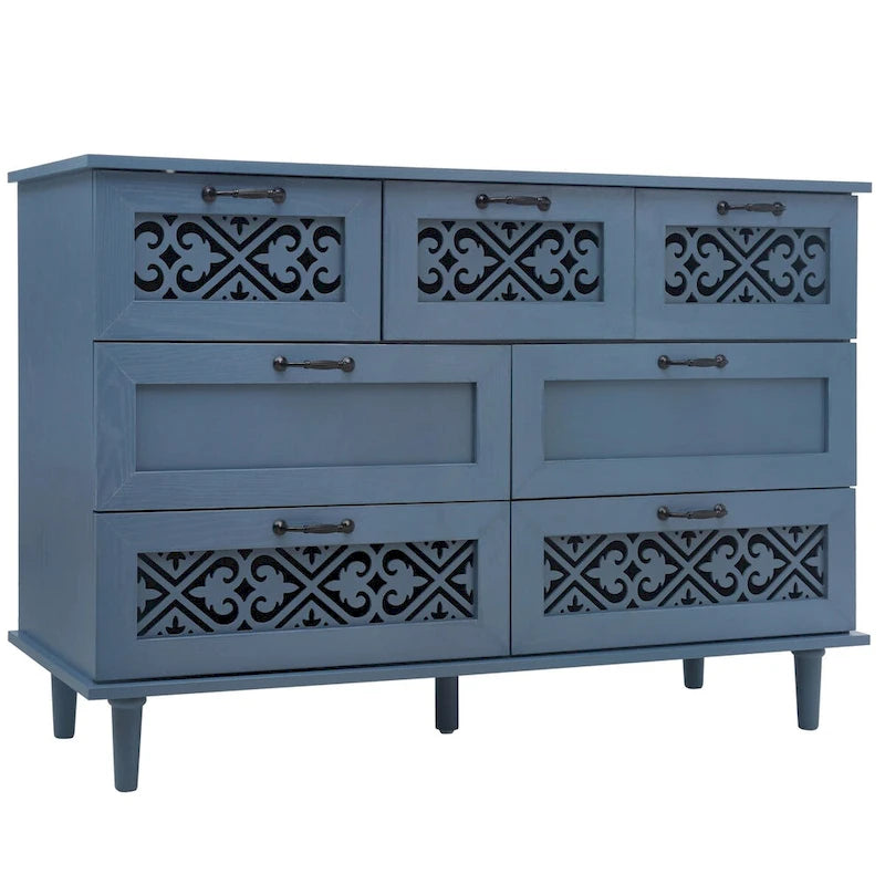 Seven-Drawer Cabinet with Carved Fronts and Black Metal Handles