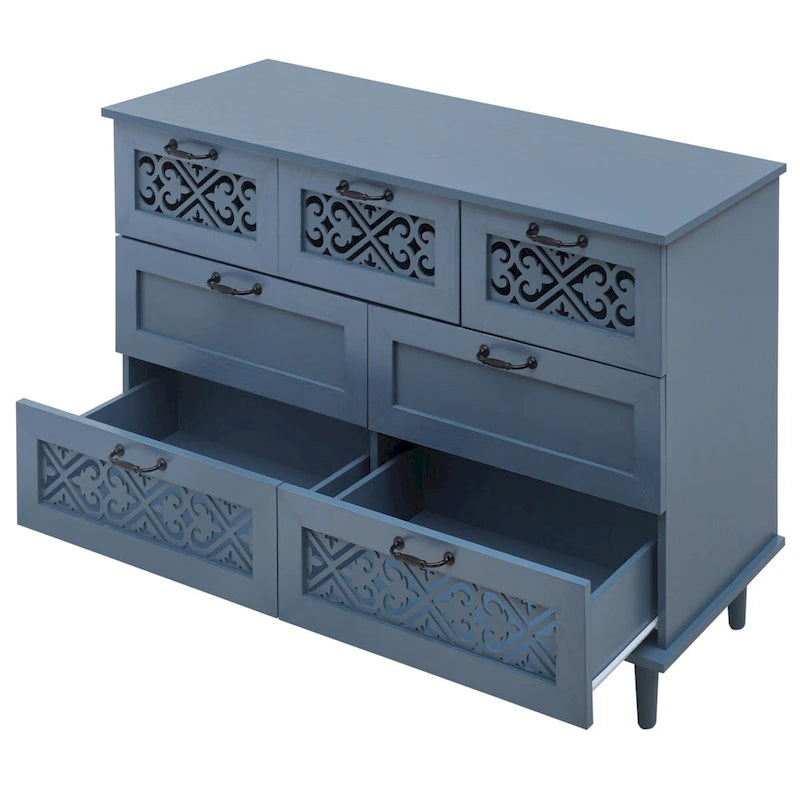 Seven-Drawer Cabinet with Carved Fronts and Black Metal Handles