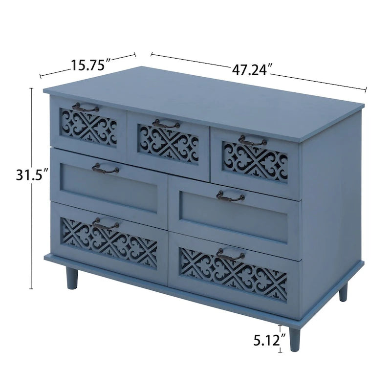 Seven-Drawer Cabinet with Carved Fronts and Black Metal Handles