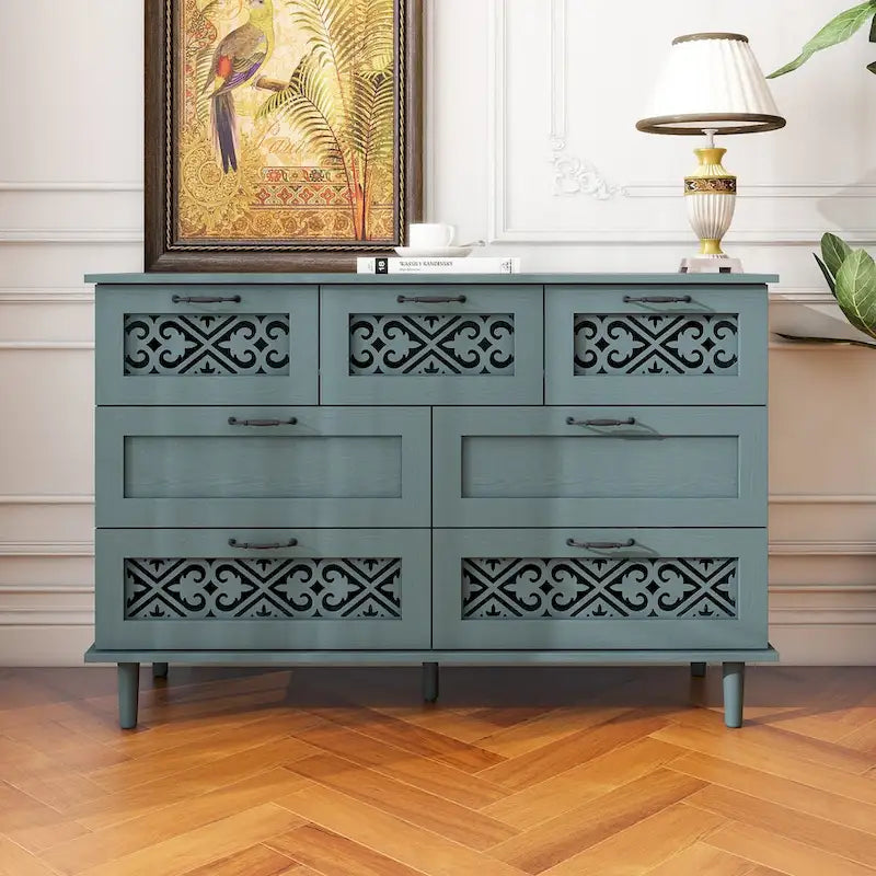 Seven-Drawer Cabinet with Carved Fronts and Black Metal Handles