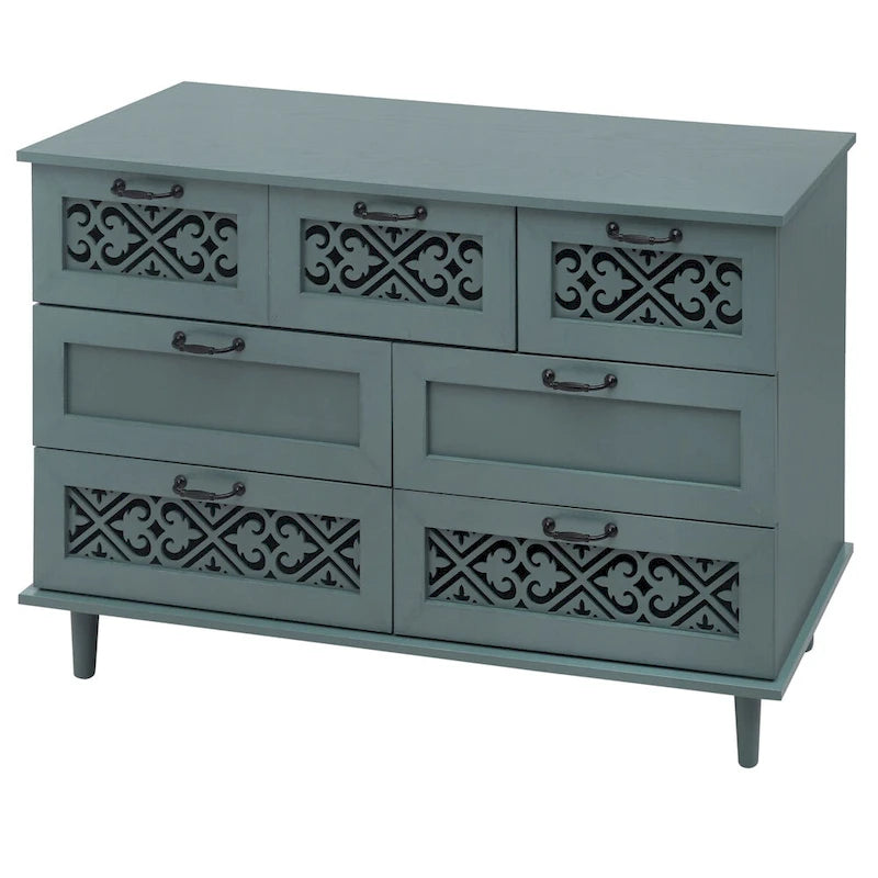 Seven-Drawer Cabinet with Carved Fronts and Black Metal Handles