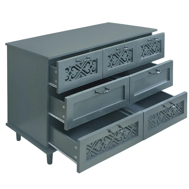 Seven-Drawer Cabinet with Carved Fronts and Black Metal Handles