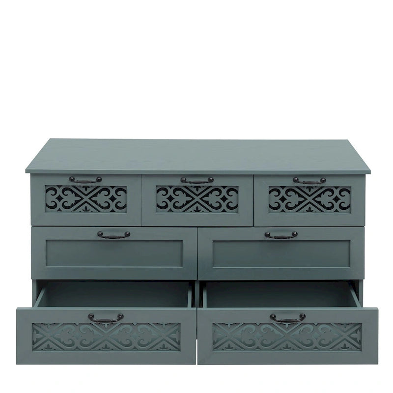 Seven-Drawer Cabinet with Carved Fronts and Black Metal Handles