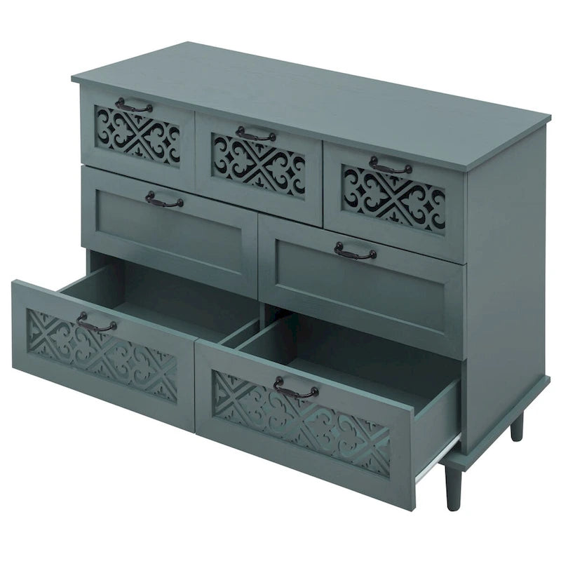 Seven-Drawer Cabinet with Carved Fronts and Black Metal Handles
