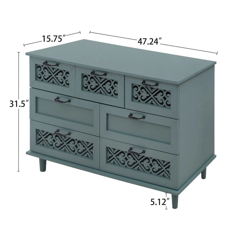 Seven-Drawer Cabinet with Carved Fronts and Black Metal Handles