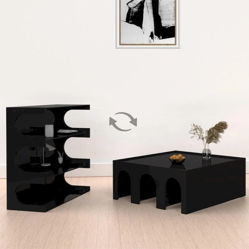 Estantería blanca de cuatro niveles y mesa de centro convertible