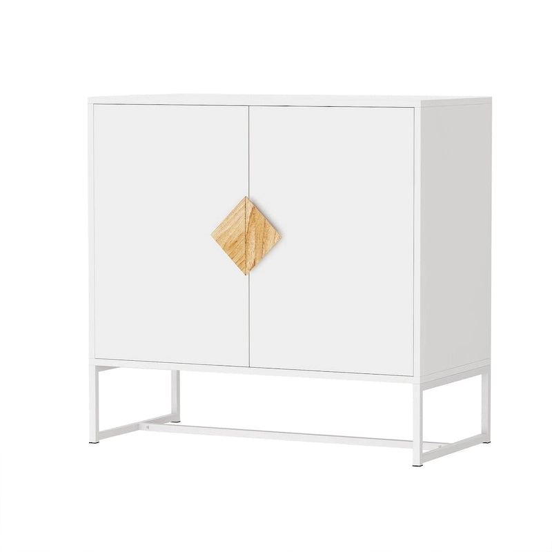 Credenza a due ante con maniglie quadrate in legno e base in ferro