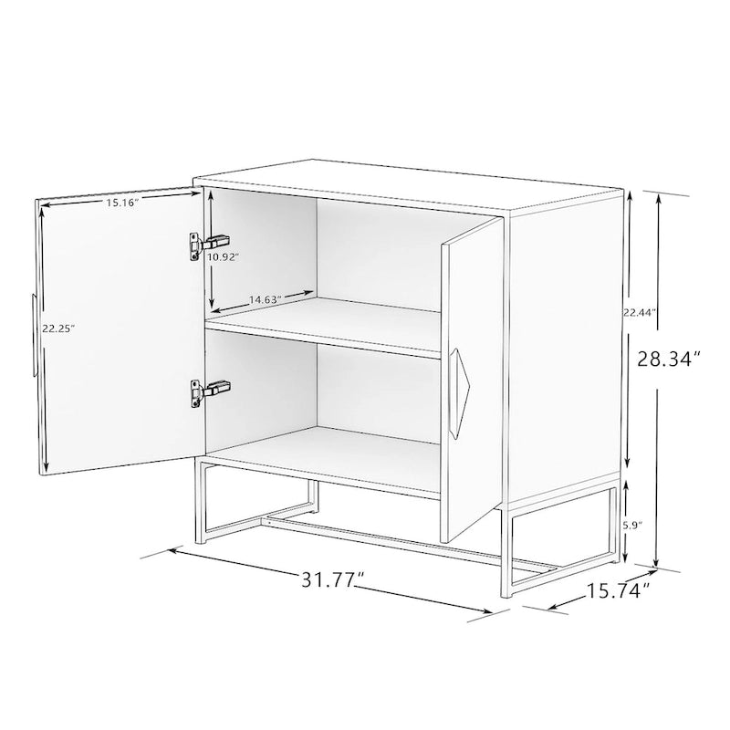 Credenza a due ante con maniglie quadrate in legno e base in ferro
