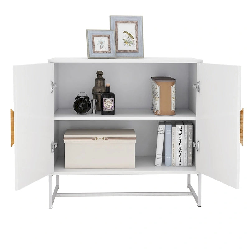 Credenza a due ante con maniglie quadrate in legno e base in ferro