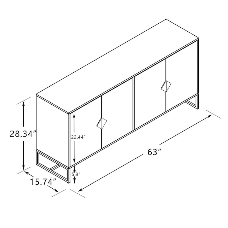Credenza a due ante con maniglie quadrate in legno e base in ferro