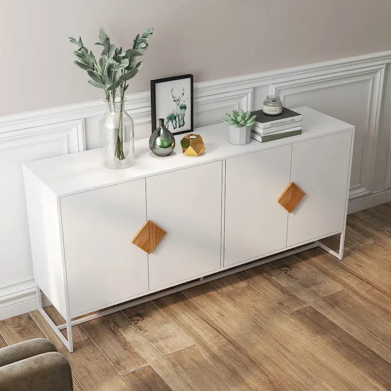 Credenza a due ante con maniglie quadrate in legno e base in ferro