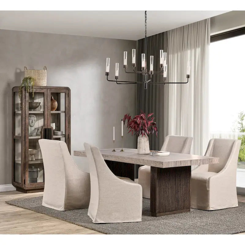 Brown Dining Table with Ridged Base and Block-Style Legs