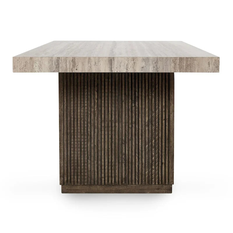 Brown Dining Table with Ridged Base and Block-Style Legs