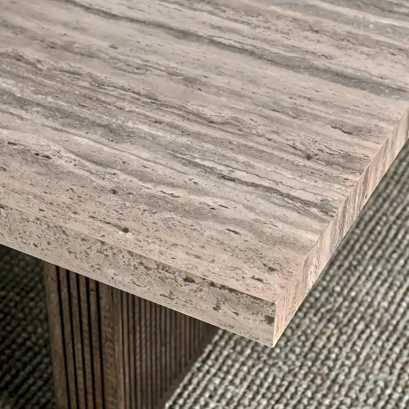 Brown Dining Table with Ridged Base and Block-Style Legs