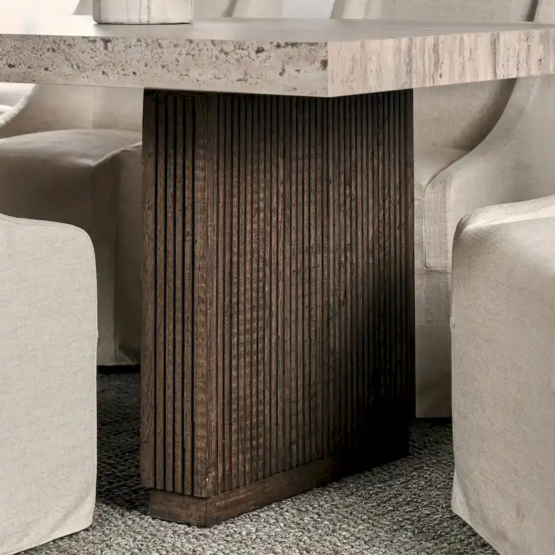 Brown Dining Table with Ridged Base and Block-Style Legs