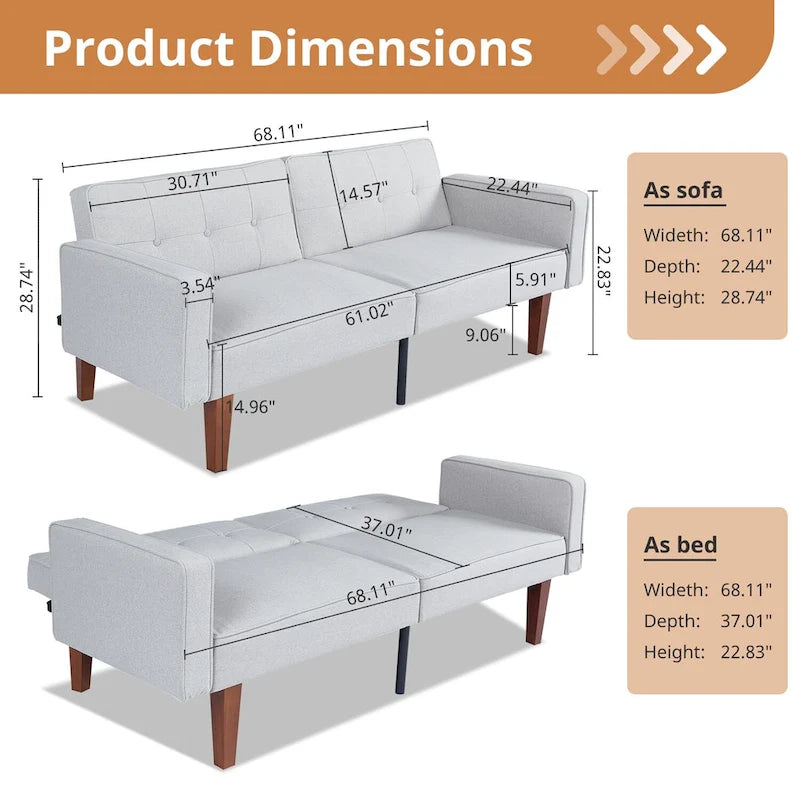Gepolsterter, umwandelbarer Futon-Schlafsofa mit geteilter Rückenlehne