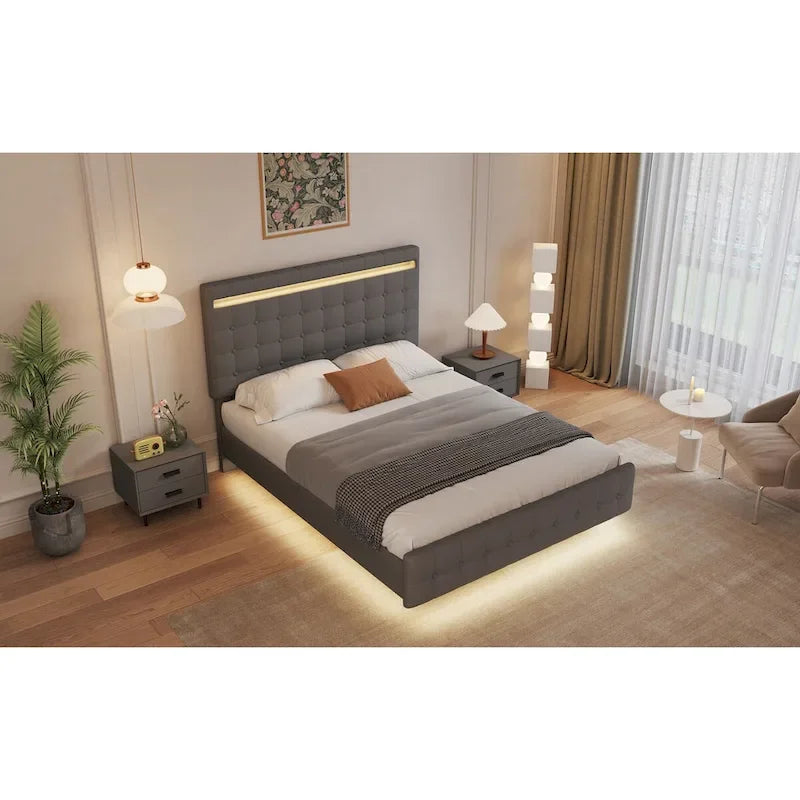Queen Floating-Effect Upholstered Platform Bed with LED Lights