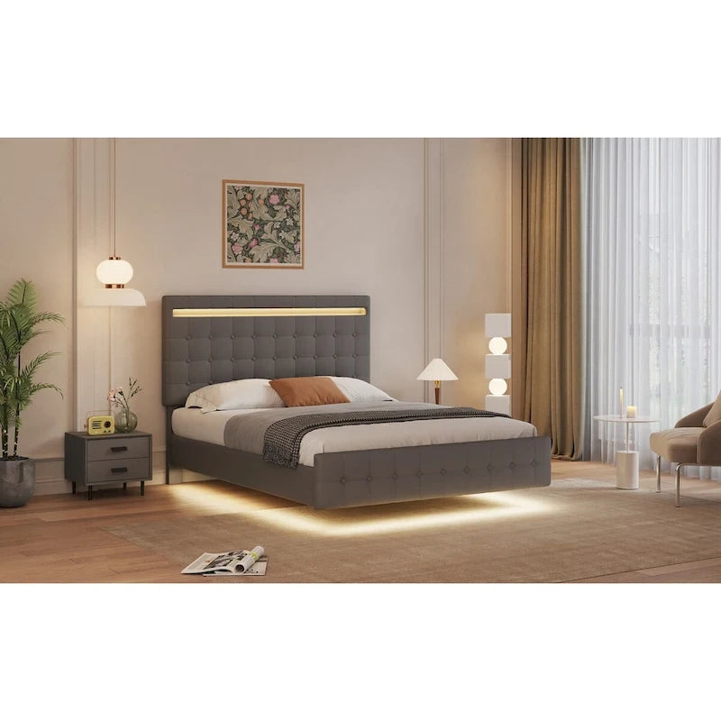 Queen Floating-Effect Upholstered Platform Bed with LED Lights