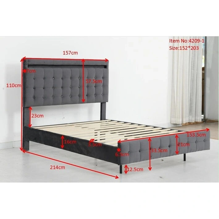 Cama de plataforma tapizada tamaño Queen con efecto flotante y luces LED