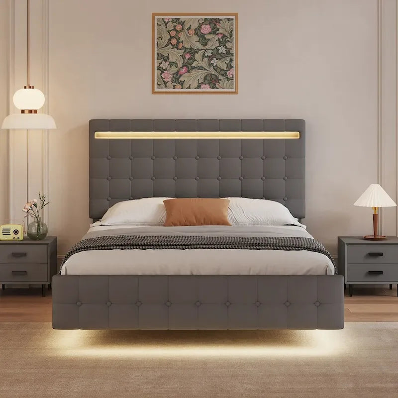 Queen Floating-Effect Upholstered Platform Bed with LED Lights