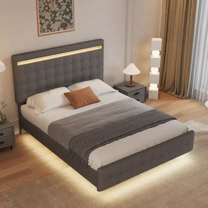 Queen Floating-Effect Upholstered Platform Bed with LED Lights