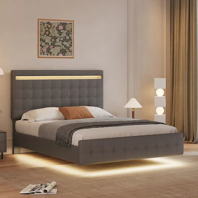 Queen Floating-Effect Upholstered Platform Bed with LED Lights