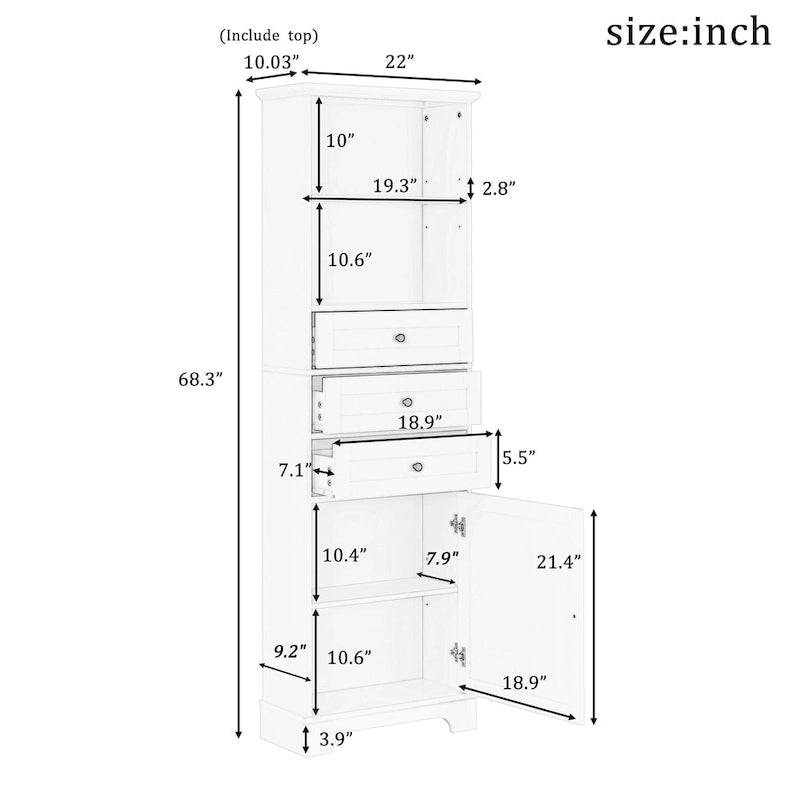 Tall Storage Cabinet with Three Drawers and Adjustable Shelf