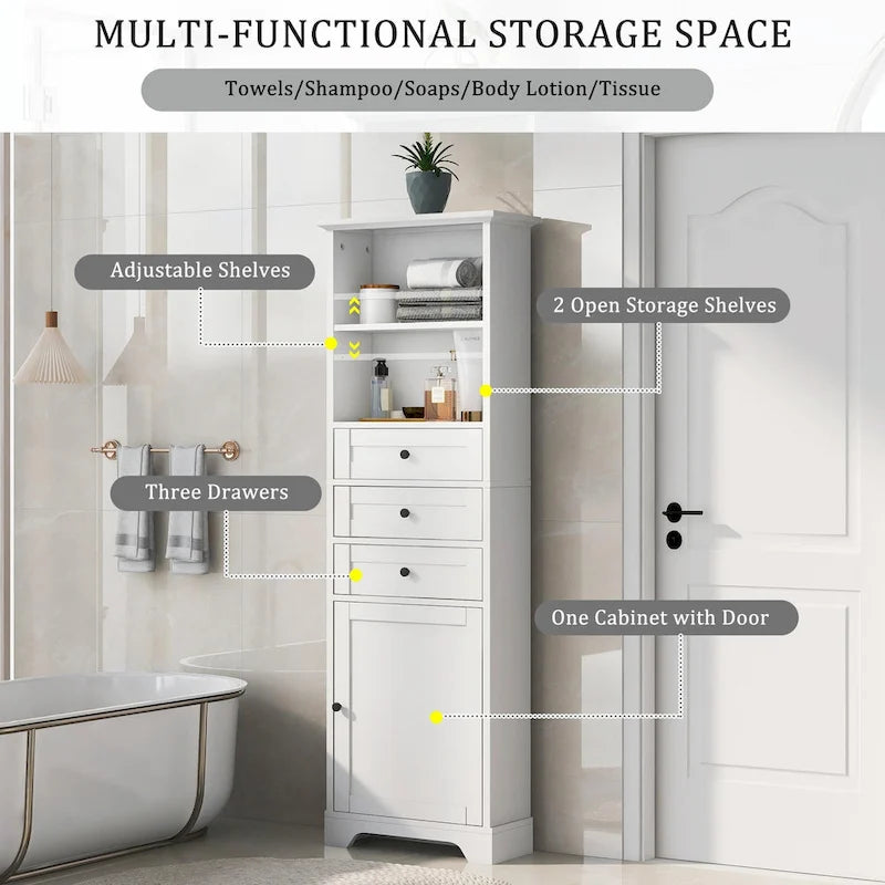 Tall Storage Cabinet with Three Drawers and Adjustable Shelf