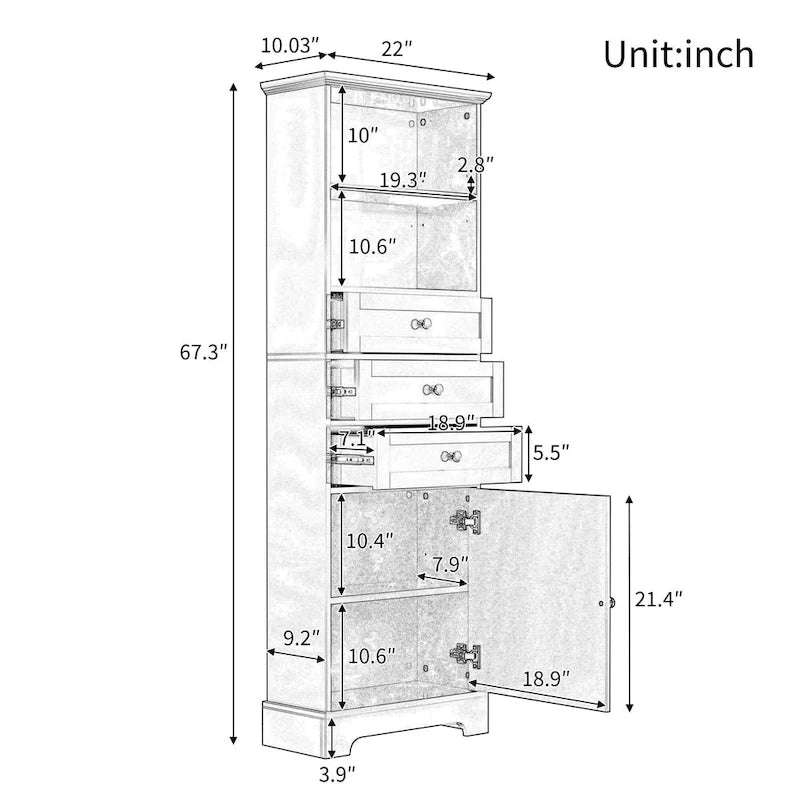 Tall Storage Cabinet with Three Drawers and Adjustable Shelf