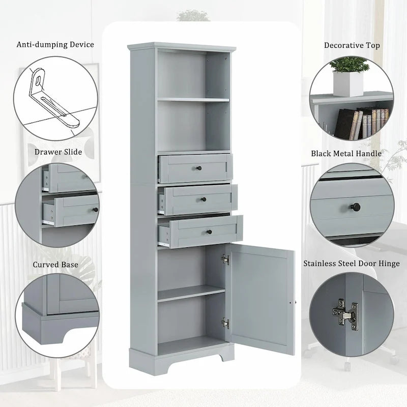 Tall Storage Cabinet with Three Drawers and Adjustable Shelf
