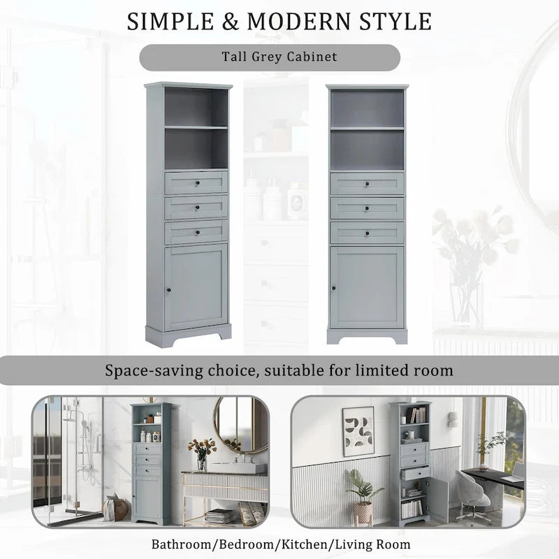 Tall Storage Cabinet with Three Drawers and Adjustable Shelf